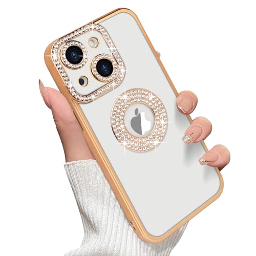 Losin Kompatibel mit iPhone 15 Plus Glitzer Hülle mit Logo View für Frauen Mädchen Luxus Süß Diamant Hülle Bling Kamera Schutz Weich Klar TPU Sparkle Strass Stoßfest Cover Gold von Losin