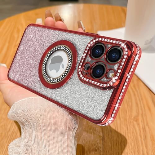 Losin für iPhone 15 Pro Max Magnetische Glitzer Hülle Kompatibel mit MagSafe Luxus Bling Strass Hülle mit Logo View Clear Plating Sparkle Diamond und Kameralinsenschutz für Frauen Mädchen, Rot von Losin