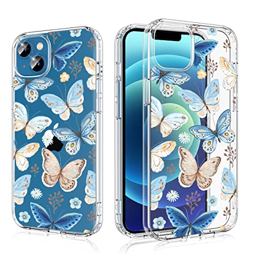 Losvick Hülle Kompatibel mit iPhone 13, iPhone 14 Hülle Flora Transparent Muster Handyhülle Hart PC + Stoßfeste TPU Bumper Schutzhülle für iPhone 13/14-6.1 Zoll -（Schmetterling） von Losvick