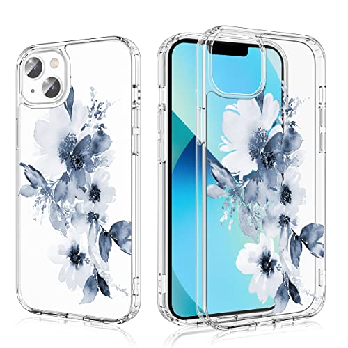 Losvick Hülle Kompatibel mit iPhone 13, iPhone 14 Hülle Flora Transparent Muster Handyhülle Hart PC + Stoßfeste TPU Bumper Schutzhülle für iPhone 13/14-6.1 Zoll -(Tintenblume von Losvick