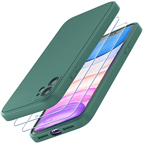 Losvick Hülle für iPhone 11 mit 2 Stück Panzer Schutz Glas, Silikon Hülle Stoßfest Kratzfest Case mit Weichem Mikrofaser, TPU Anti Gelb Handyhülle- 6,1 Zoll - Dunkelgrün von Losvick