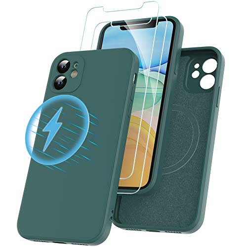 Losvick für iPhone 11 Hülle kompatibel mit Magsafe mit 2 Stück Panzer Schutz Glas, Silikon Hülle Stoßfest Kratzfest Case mit Weichem Mikrofaser, TPU Anti Gelb Handyhülle- 6,1 Zoll - Dunkelgrün von Losvick