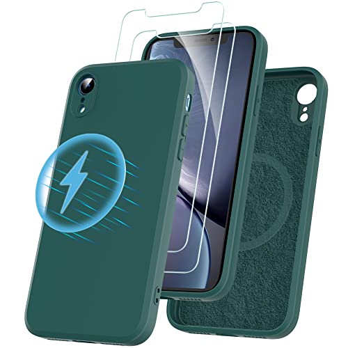 Losvick für iPhone XR Hülle kompatibel mit Magsafe mit 2 Stück Panzer Schutz Glas, Silikon Hülle Stoßfest Kratzfest Case mit Weichem Mikrofaser, TPU Anti Gelb Handyhülle- 6,1 Zoll - Dunkelgrün von Losvick