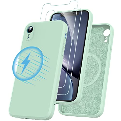 Losvick für iPhone XR Hülle kompatibel mit Magsafe mit 2 Stück Panzer Schutz Glas, Silikon Hülle Stoßfest Kratzfest Case mit Weichem Mikrofaser, TPU Anti Gelb Handyhülle- 6,1 Zoll - Mintgrün von Losvick