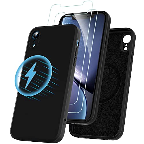 Losvick für iPhone XR Hülle kompatibel mit Magsafe mit 2 Stück Panzer Schutz Glas, Silikon Hülle Stoßfest Kratzfest Case mit Weichem Mikrofaser, TPU Anti Gelb Handyhülle- 6,1 Zoll - Schwarz von Losvick