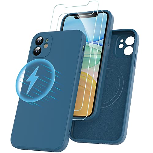 Losvick iPhone 11 Hülle Magnetisch Silikon für iPhone 11 mit Magsafe mit 2 Stück Panzer Schutz Glas, Stoßfest Kratzfest Case mit Weichem Mikrofaser, TPU Anti Gelb Handyhülle- 6,1 Zoll - Nachtblau von Losvick