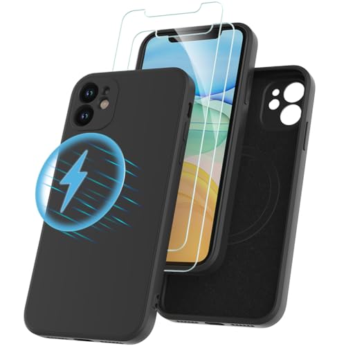 Losvick iPhone 11 Hülle Magnetisch Silikon für iPhone 11 mit Magsafe mit 2 Stück Panzer Schutz Glas, Stoßfest Kratzfest Case mit Weichem Mikrofaser, TPU Anti Gelb Handyhülle- 6,1 Zoll - Schwarz von Losvick