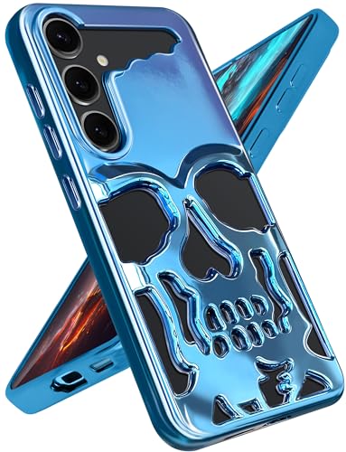 Lotadilo Schutzhülle für Samsung Galaxy S24 – Totenkopf-Skelett für Männer, Jungen, Frauen, Kühlergrill, ausgehöhlt, beschichtet, Gothic-Muster, weiche Schutzhülle für Galaxy S24, Blau von Lotadilo
