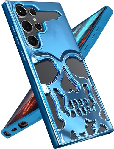 Lotadilo Schutzhülle für Samsung Galaxy S24 Ultra – Totenkopf-Skelett für Männer, Jungen, Frauen, Kühlergrill, ausgehöhlt, beschichtet, Gothic-Muster, weiche Schutzhülle für S24 Ultra, Blau von Lotadilo