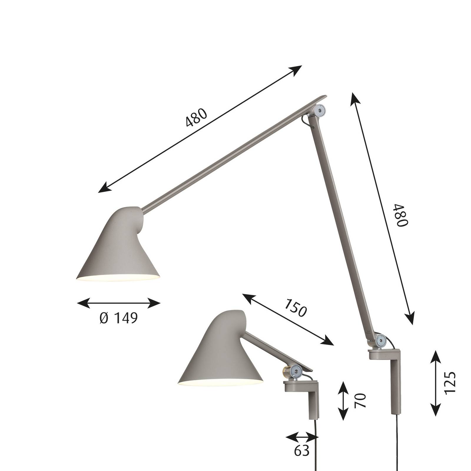 Louis Poulsen NJP LED-Wandlampe Arm lang, hellgrau von Louis Poulsen