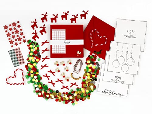Loveria Weihnachtskarten Bastelset | 16 vorgezeichnete Postkarten, 16 rote Umschläge, inkl Satinschleife, Sticker, Konfetti, Glöckchen und weiterem Bastelzubehör, Merry Christmas von Loveria