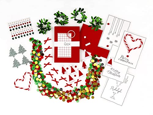 Loveria Weihnachtskarten Bastelset | 16 vorgezeichnete Postkarten, 16 rote Umschläge, inkl Satinschleife, Sticker, Pompon, Washi Tape und weiterem Bastelzubehör, Rudolph von Loveria