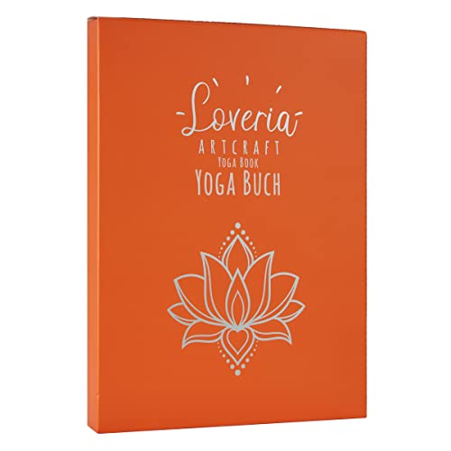 Loveria Yoga Notizbuch A5-192 Seiten, Lineatur Gepunket, inkl 2 Lesezeichen, Stiftehalter, 3 Papierklammern | Lotusblume Prägung, hochwertiges Papier 120 GSM, 5mm Dotted, Orange von Loveria