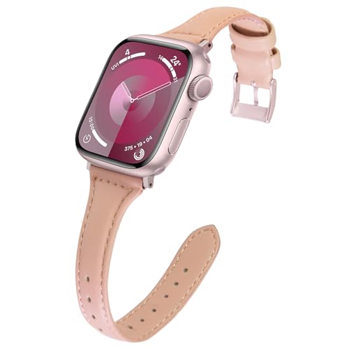Lovmunia Lederarmband Kompatibel mit Apple Watch Armband 38mm 40mm 41mm, Weich Mikrofaser Schlank Ersatzband für iWatch SE ＆ Series 9/8/7/6/5/4/3/2/1 Damen（Rosa + Rosa Adapter） von Lovmunia