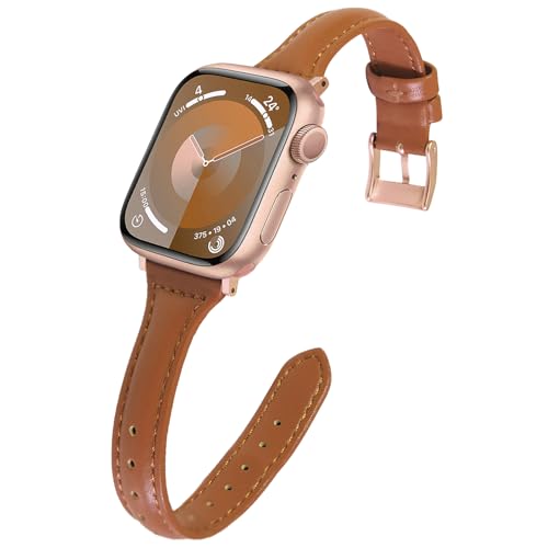 Lovmunia Lederarmband Kompatibel mit Apple Watch Armband 42mm 44mm 45mm 49mm, Weich Mikrofaser Schlank Ersatzband für iWatch SE Ultra ＆ Series 9/8/7/6/5/4/3/2/1 Damen（Braun + Roségold Adapter） von Lovmunia