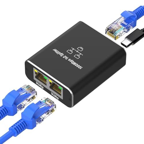 Loydia 1000Mbps Ethernet Splitter, LAN Splitter 1 auf 2 RJ45 LAN Switch 2 Port mit Typ-C Netzkabel, Gigabit Ethernet Splitter LAN Switch für Computer, Laptop, Switch, Router, Netzwerksteckdose, TV-Box von Loydia