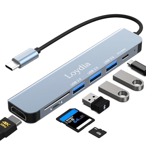 Loydia USB C Hub 7 in 1, USB-C HUB Multiport Adapter mit HDMI 4K Adapter, 100W PD, 3 USB-A Ports, SD/TF Kartenleser Slim USB C Adapter für MacBook Air/Pro, Dell XPS, Chromebook und mehr Type-C Geräte von Loydia