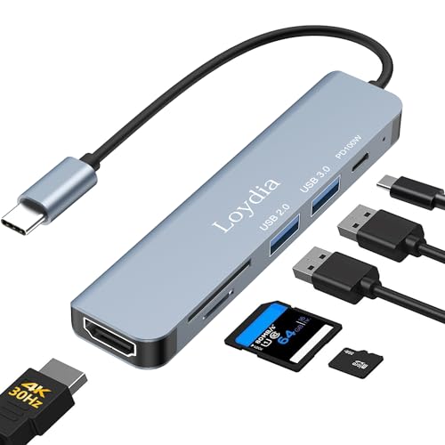 USB-C-Hub, 6-in-1-Multiport-Adapter mit 4K HDMI, 100 W PD, 2 USB-A-Daten-Ports 5 Gbit/s, SD- und TF-Kartenschlitz, USB-C-Dongle für Lenovo, Oberfläche, MacBook-Laptops und weitere USB-C-Geräte von Loydia