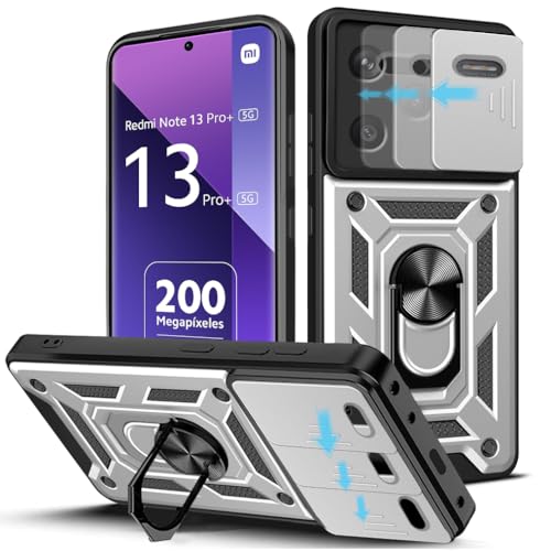 Loyhee Hülle für Xiaomi Redmi Note 13 Pro Plus 5G (6.67"), Kameraschutz Handyhülle mit 360 Grad Ring Ständer Weich TPU Bumper Stoßfest + Hart PC Rückseite Kratzfest Tough Armor Schutzhülle - Silber von Loyhee