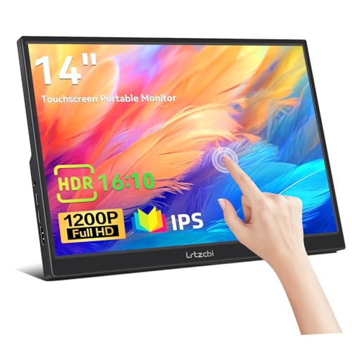 Lrtzcbi Touchscreen Tragbarer Monitor 14 Zoll FHD HDR 1920x1200P IPS Bildschirm Externer Portable Monitor mit Lautsprecher HDMI USB Typ-C für PC Laptop Telefon Computer Ras Pi,Plug&Play von Lrtzcbi