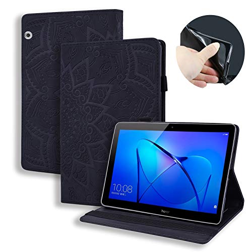 Huawei Mediapad T3 10 Schutzhülle, Lspcase Huawei Tablet T3 9.6 Zoll Leder Hülle Stand Flip Cover Brieftasche Kartenfach und Stifthalter Etui Case for Huawei Mediapad T3 10 9.6" Mandala Blume Schwarz von Lspcase