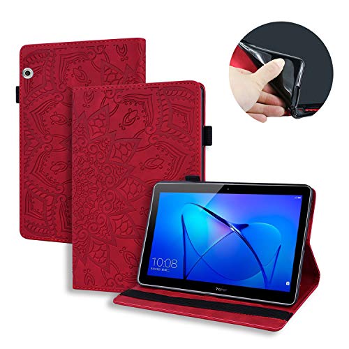 Lspcase Huawei Mediapad T3 10 PU Leather Case Flip Folio Cover Wallet Stand Tablet Protector with Pen Holder and Card Slots for Huawei Mediapad T3 10 9.6 Inch Embossed Mandala Flower Red von Lspcase