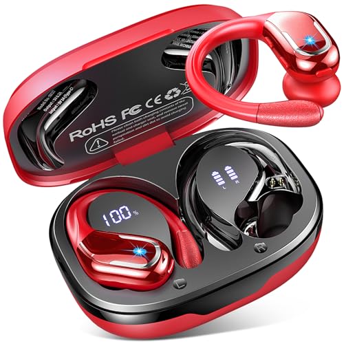 Bluetooth Kopfhörer Sport, In Ear Kopfhörer Bluetooth 5.3 mit HD Mic, 75H ENC Noise Cancelling Earbuds mit Deep Bass, Dual LED Anzeige Wireless kopfhörer, IP7 Wasserdicht ohrhörer, USB-C, Rot von Ltinist