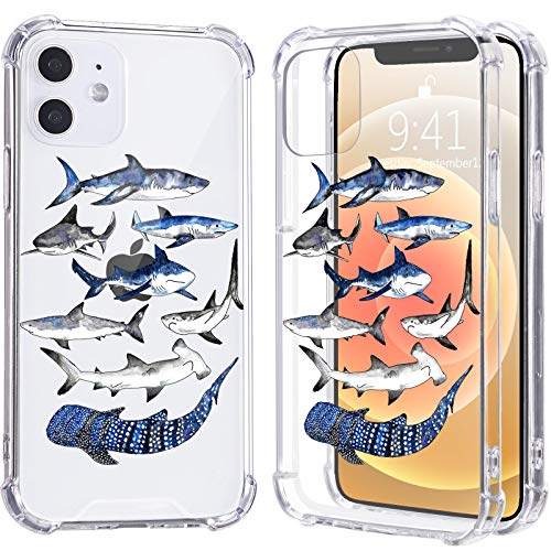 LuGeKe Cool Shark Print Hülle für iPhone 12/12 Pro, Ocean Life Soft TPU Flexible Full Body Airbag Stoßfest Case Cover für Mädchen und Frauen, Transparent Anti-Scratch Bumper Schutz Handyhülle von LuGeKe
