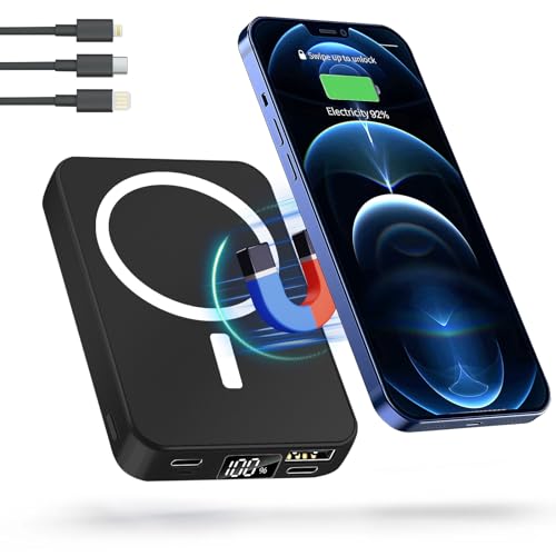 LuLuanping Powerbank 10000mAh mit PD 20W & USB-C - Schnellladung, Klein, LED Display, Magnetische, Magnetische, Kabelloses Tragbares Ladegerät für iPhone 15, Samsung, Auto und Reise (Schwarz) von LuLuanping