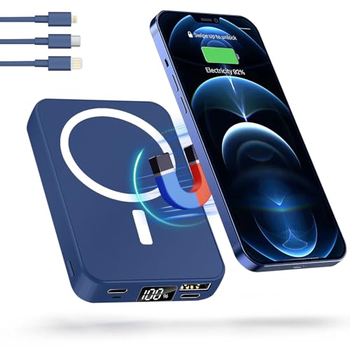 LuLuanping Powerbank 10000mAh mit PD 20W & USB-C - Schnellladung, Klein, LED Display, Magnetische, Magnetische, Kabelloses Tragbares Ladegerät für iPhone 15, Samsung, Auto und Reise (Blau) von LuLuanping