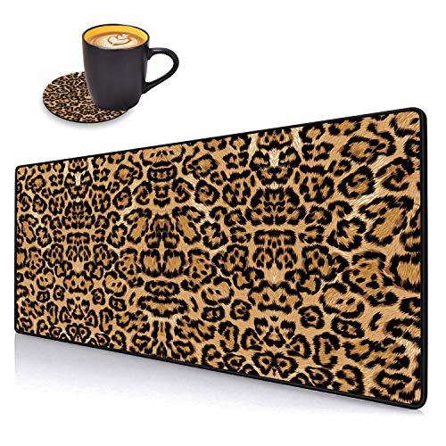 Schreibtischunterlage, Gaming-Mauspads mit Untersetzer-Set, genähte Kanten, XXL-Mauspad für Laptop, Computer, Leopardenmuster, Schreibunterlage für Büro und Zuhause, 80 x 30 cm von Luasao