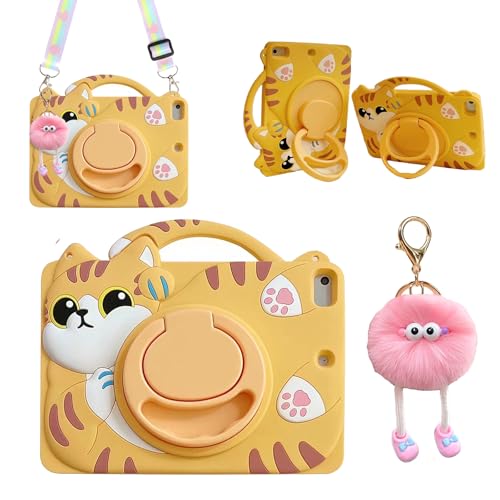 3D-Schutzhülle für iPad Air 1. 2. / iPad Pro 2016 / iPad 5. / 6. 9,7 Zoll (24,6 cm), Kawaii-Cartoon-Charakter, hübsche Katze, weiches Silikon, drehbarer Ständer, mit Umhängeband, für Kinder, Teenager von Lubiogio