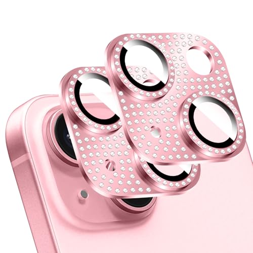 LucBuy 2 Stück Glänzende Diamanten Kameraschutz für iPhone, Metall 3D Strass Handy Verziert, Kratzfeste Vollständige Abdeckung Schutz Rückseitige Kameraabdeckung für iPhone 15/iPhone 15 Plus von LucBuy