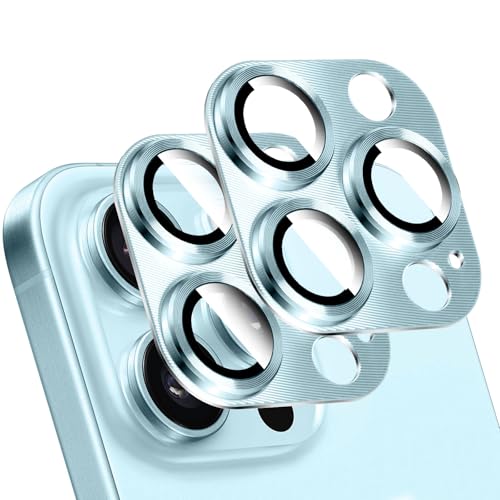 LucBuy 2 Stück Metall Kameraschutz für iPhone 15/iPhone 15 Plus, 3D Textur Aluminium Abdeckung Telefondekoration, Kratzfeste Vollständige Abdeckung der Kamerarückseite aus Titan von LucBuy