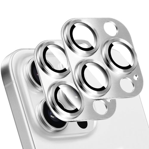 LucBuy 2 Stück Metall Kameraschutz für iPhone 15 Pro/iPhone 15 Pro Max, 3D Textur Aluminium Abdeckung Telefondekoration, Kratzfeste Vollständige Abdeckung der Kamerarückseite aus Titan von LucBuy