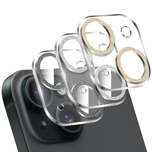 LucBuy 3 Stück Funkelnder Kameraschutz für iPhone 14/iPhone 14 Plus, Komplett Durchsichtige Acrylabdeckung, Buntem Glitzer Dekorationsdesign für den Kamera Schutz auf der Rückseite von LucBuy