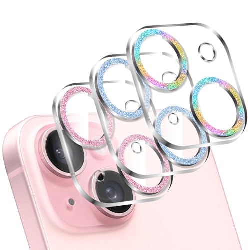 LucBuy 3 Stück Funkelnder Kameraschutz für iPhone 15/iPhone 15 Plus, Komplett Durchsichtige Acrylabdeckung, Buntem Glitzer Dekorationsdesign für den Kamera Schutz auf der Rückseite von LucBuy