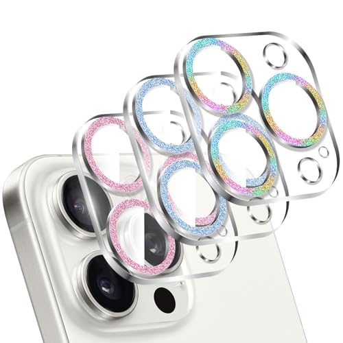 LucBuy 3 Stück Funkelnder Kameraschutz für iPhone 14 Pro/iPhone 14 Pro Max, Komplett Durchsichtige Acrylabdeckung, Buntem Glitzer Dekorationsdesign für den Kamera Schutz auf der Rückseite von LucBuy
