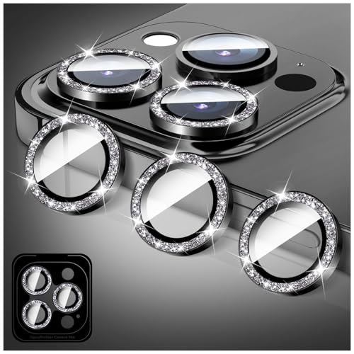 LucBuy Kamera Schutz für iPhone 13 Pro/iPhone 13 Pro Max, Glitzer 9H Hartglas Kamera-Abdeckung Filmaufkleber, Automatisch Ausrichtende Einzelne Metallringe, Glänzendes Handyzubehör von LucBuy