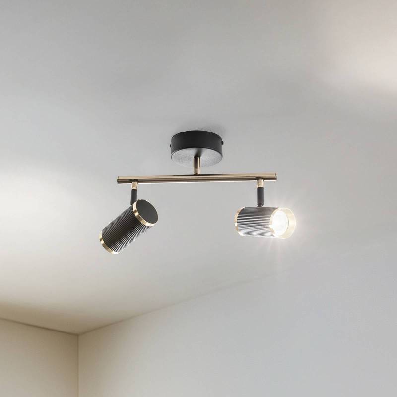 Deckenspot Lume, 2-flg., schwarz/messing, Höhe 22 cm, Eisen von Lucea