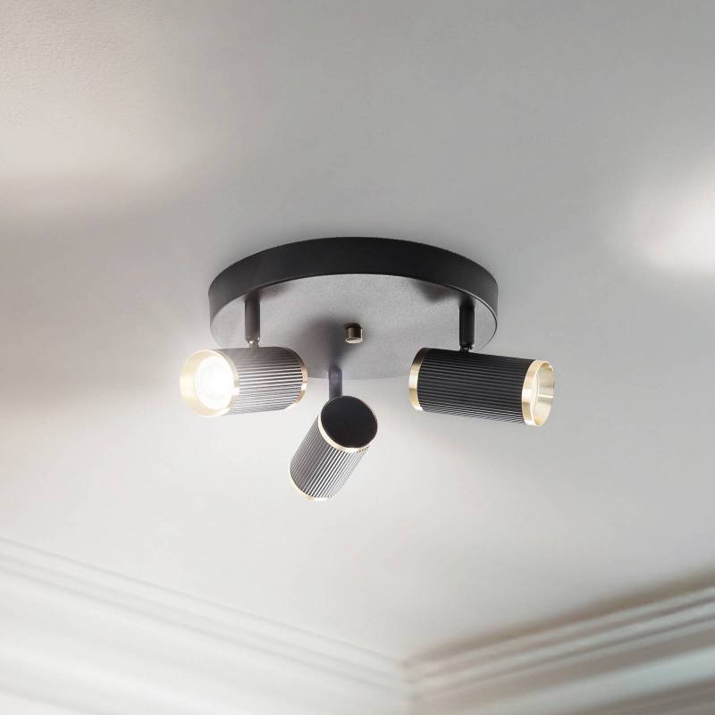Deckenspot Lume, rund, 3-flammig, schwarz / messing, Eisen von Lucea