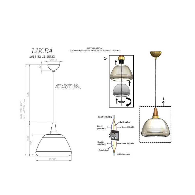 Hängelampe Ermo, weiß/klar, messing, Ø 30 cm, Glas/Metall von Lucea