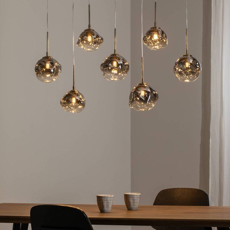 Hängeleuchte Herman, 7-flg., goldfarben, Länge 97 cm, Glas von Lucea