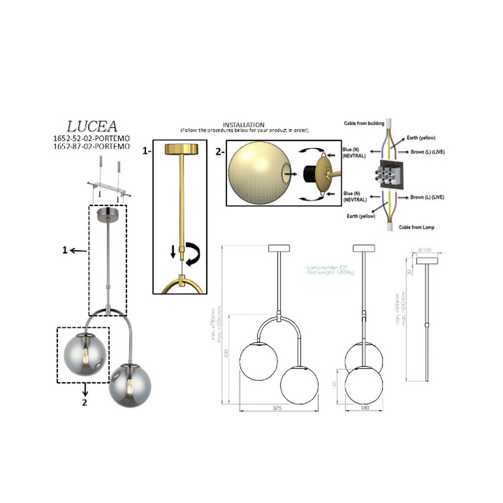 Hängeleuchte Portemo, rauchgrau/nickel, Ø 37 cm, 2-flg. Glas Hängeleuchte Portemo, rauchgrau/nickel, Ø 37 cm, 2-flg. Glas von Lucea