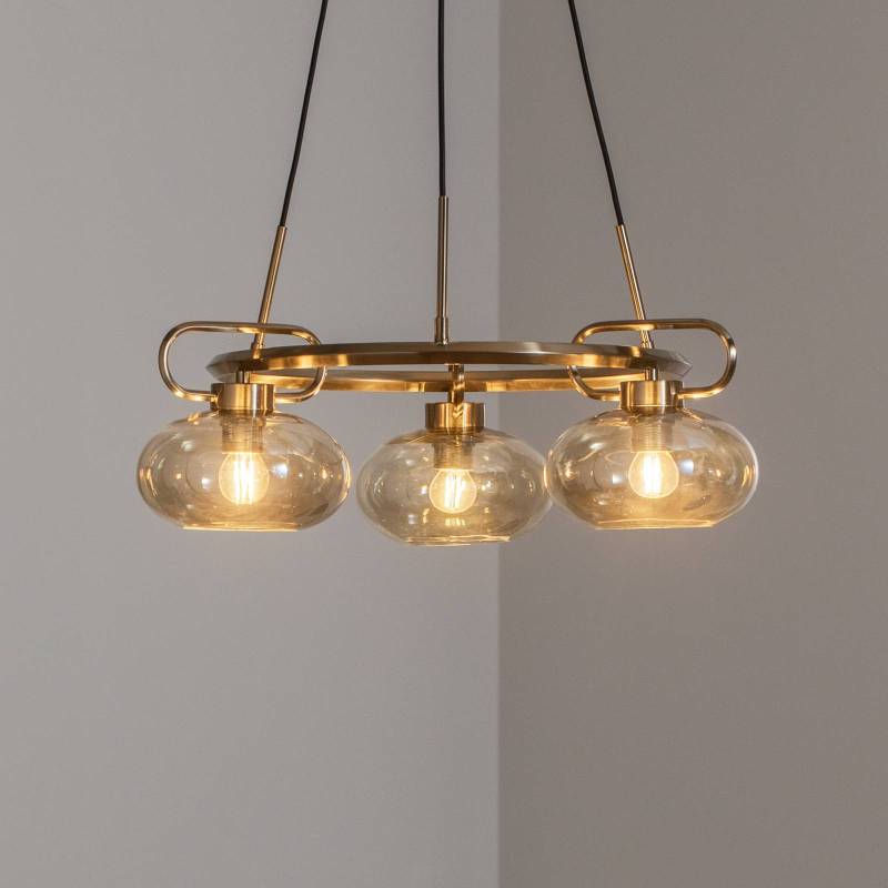 Hängeleuchte Rolan, messingfarben, Ø 56 cm, 3-flammig, Glas von Lucea