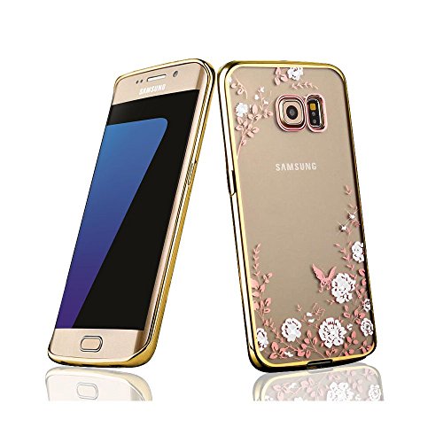Luch Samsung Galaxy S7 Hülle, TPU Schutzhülle Bling Glänzend Glitzer Diamant Strass Blumen Handyhülle Transparent dünne Silikon Cover Case Tasche für Samsung Galaxy S7, Gold mit Weiß Blumen von Luch