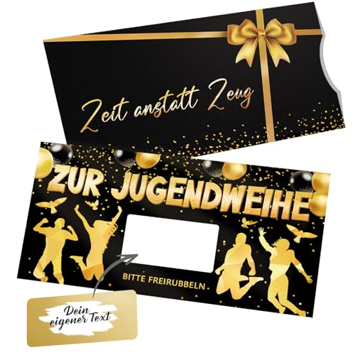 Luckeey Jugendweihe Karte, Glückwunschkarte Zur Jugendweihe Geschenke Mädchen Junge - Schwarzes Gold Doppelseitig Karten mit Rubbelaufkleber Umschlag Set - Zeit Anstatt Zeug von Luckeey