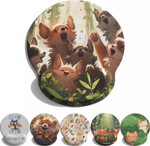 Ergonomisches Mauspad mit abstraktem Kawaii-Fuchs-Motiv, braunes und grünes kleines Gras aus Gel und PU, rutschfeste PU-Basis für Computer, Büro, bequeme Boho-Computer-Mauspads von LuckyCow