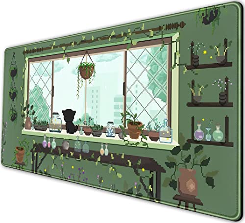 Niedliche Kawaii grüne Pflanze Schreibtischunterlage Anime Ästhetisches Mauspad Pixel Art XXL Großes Gaming-Mauspad Laptop-Tastaturmatte Schreibtischunterlage 80 x 40 cm, Büro Heimdekoration von Luckycow