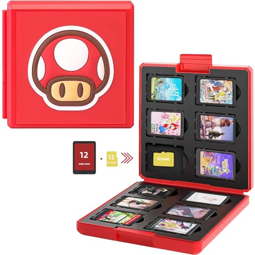 Lucylanker Games Card Storage Case Für Nintendo Switch Lite NS, Tragbar und Dünn, Schutzhülle Aufbewahrungsbox Spiele Cards Tasche,12 Schlitze für Game-Karten und 12 für SD Schlitze (roter pilz) von Lucylanker